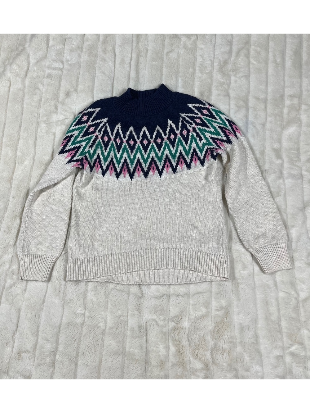 Old Navy Girls M/8 Fair Isle Beige Blue Fall Winter Preppy Casual School Sweater